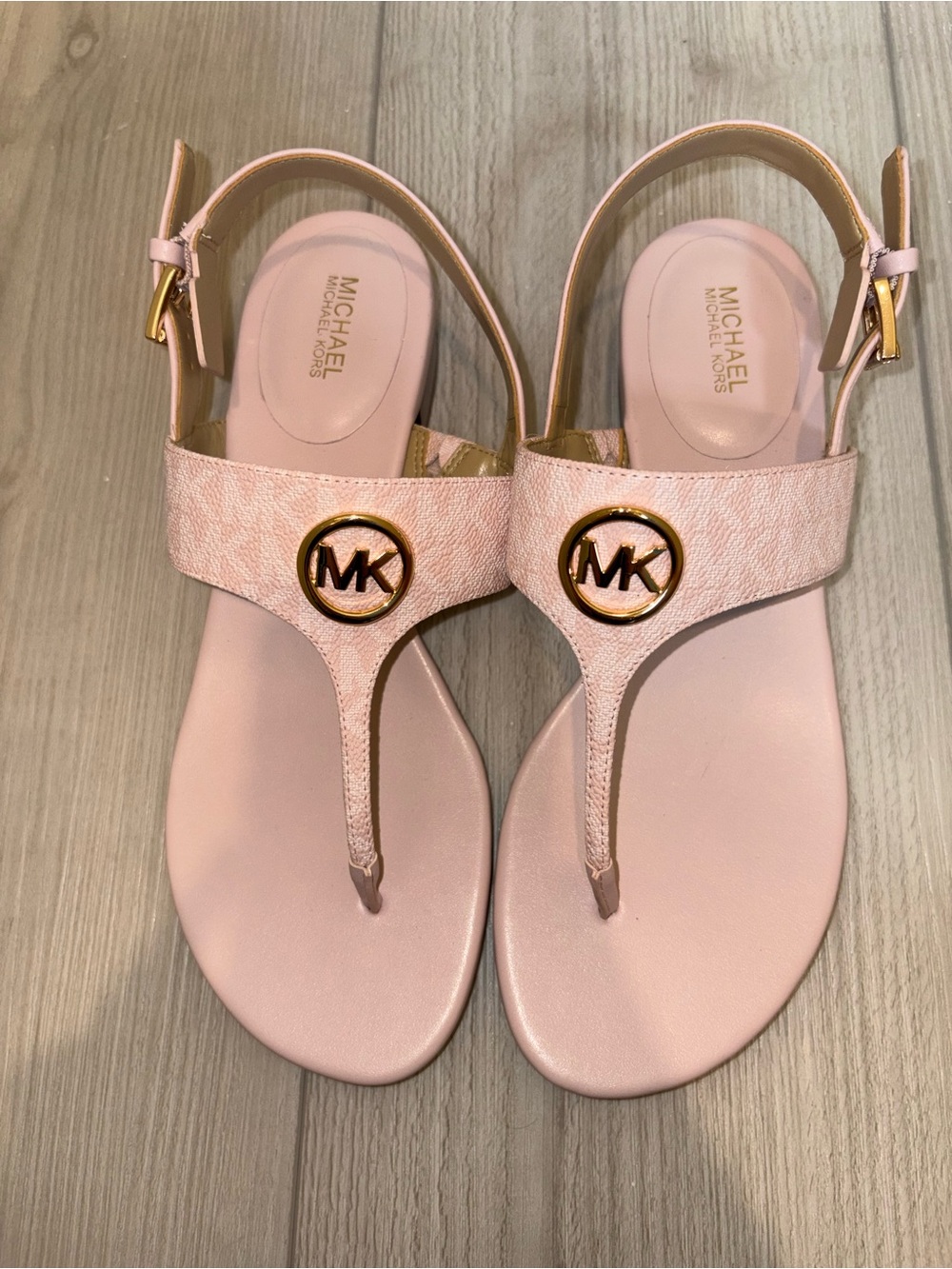 Michael Kors Blush Pink MK Logo T-Strap Sandals with Gold Hardware - Picture 2 of 4